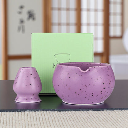 2-teiliges Keramik Matcha Schalen Set Basic | Matcha Schale (500 ml) & Bambusbesen Chasen-Halter, Lila