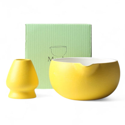 2-teiliges Keramik Matcha Schalen Set Basic | Matcha Schale (500 ml) & Bambusbesen Chasen-Halter, Gelb