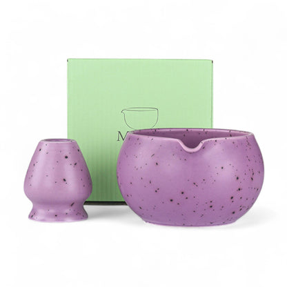 2-teiliges Keramik Matcha Schalen Set Basic | Matcha Schale (500 ml) & Bambusbesen Chasen-Halter, Lila