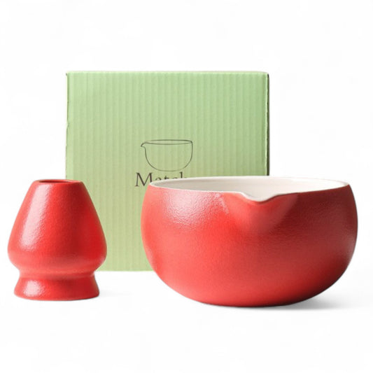 2-teiliges Keramik Matcha Schalen Set Basic | Matcha Schale (500 ml) & Bambusbesen Chasen-Halter, Rot