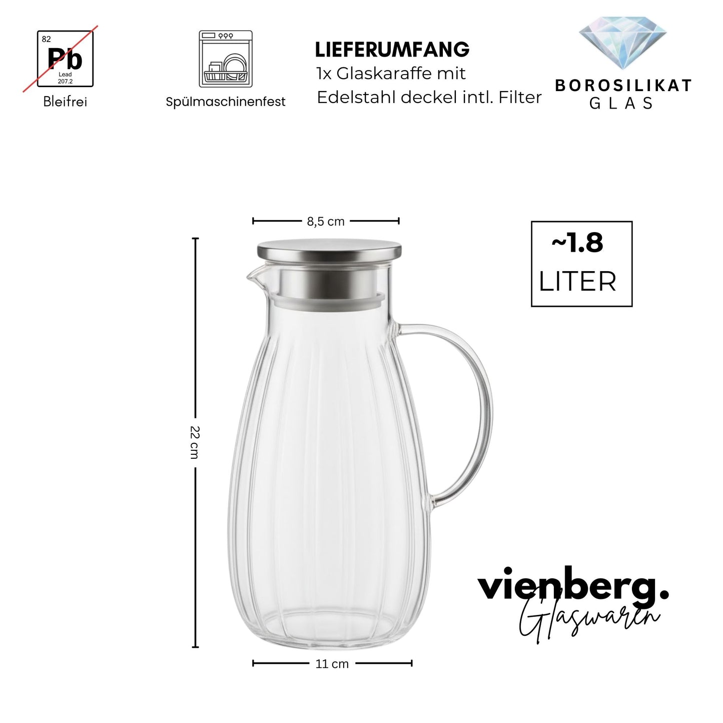 Aqua Glaskaraffe 1,8L aus Borosilikatglas mit Edelstahl-Deckel & Filter – Wasserkaraffe, Wasserkrug, Weinkaraffe, Hitzebeständig
