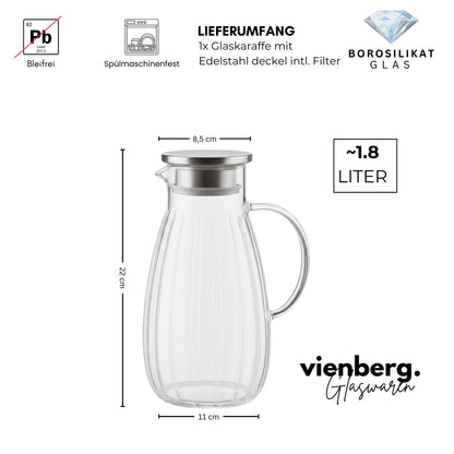 Aqua Glaskaraffe 1,8L aus Borosilikatglas mit Edelstahl-Deckel & Filter – Wasserkaraffe, Wasserkrug, Weinkaraffe, Hitzebeständig