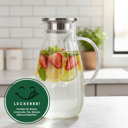 Aqua Glaskaraffe 1,8L aus Borosilikatglas mit Edelstahl-Deckel & Filter – Wasserkaraffe, Wasserkrug, Weinkaraffe, Hitzebeständig