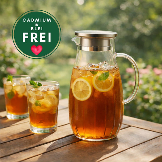 Aqua Glaskaraffe 1,8L aus Borosilikatglas mit Edelstahl-Deckel & Filter – Wasserkaraffe, Wasserkrug, Weinkaraffe, Hitzebeständig