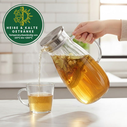 Aqua Glaskaraffe 1,8L aus Borosilikatglas mit Edelstahl-Deckel & Filter – Wasserkaraffe, Wasserkrug, Weinkaraffe, Hitzebeständig