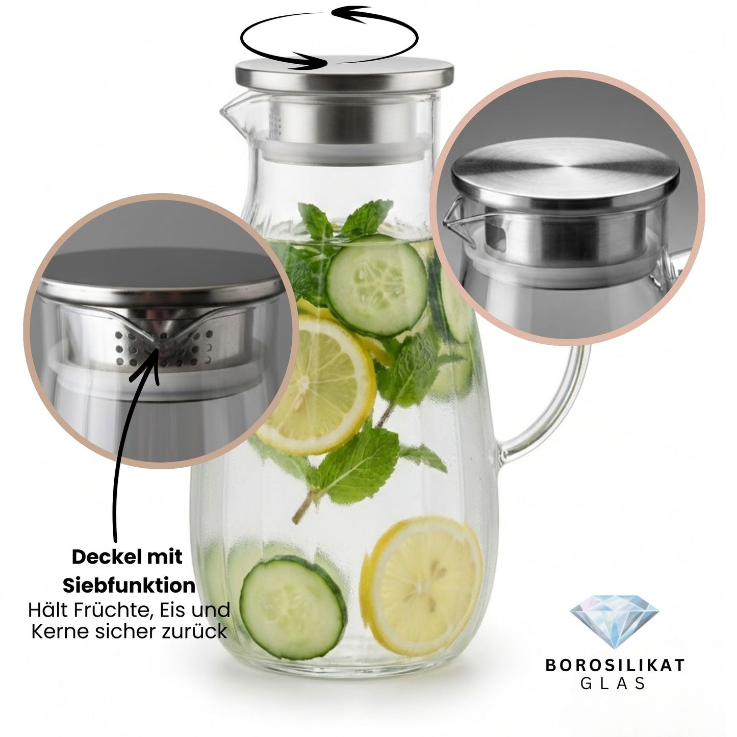 Aqua Glaskaraffe 1,8L aus Borosilikatglas mit Edelstahl-Deckel & Filter – Wasserkaraffe, Wasserkrug, Weinkaraffe, Hitzebeständig