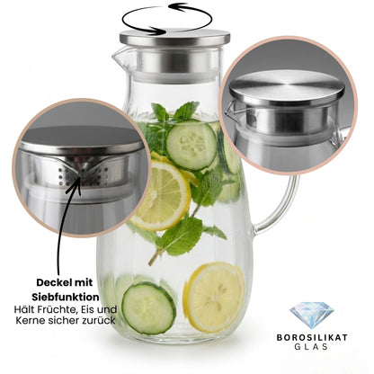 Aqua Glaskaraffe 1,8L aus Borosilikatglas mit Edelstahl-Deckel & Filter – Wasserkaraffe, Wasserkrug, Weinkaraffe, Hitzebeständig