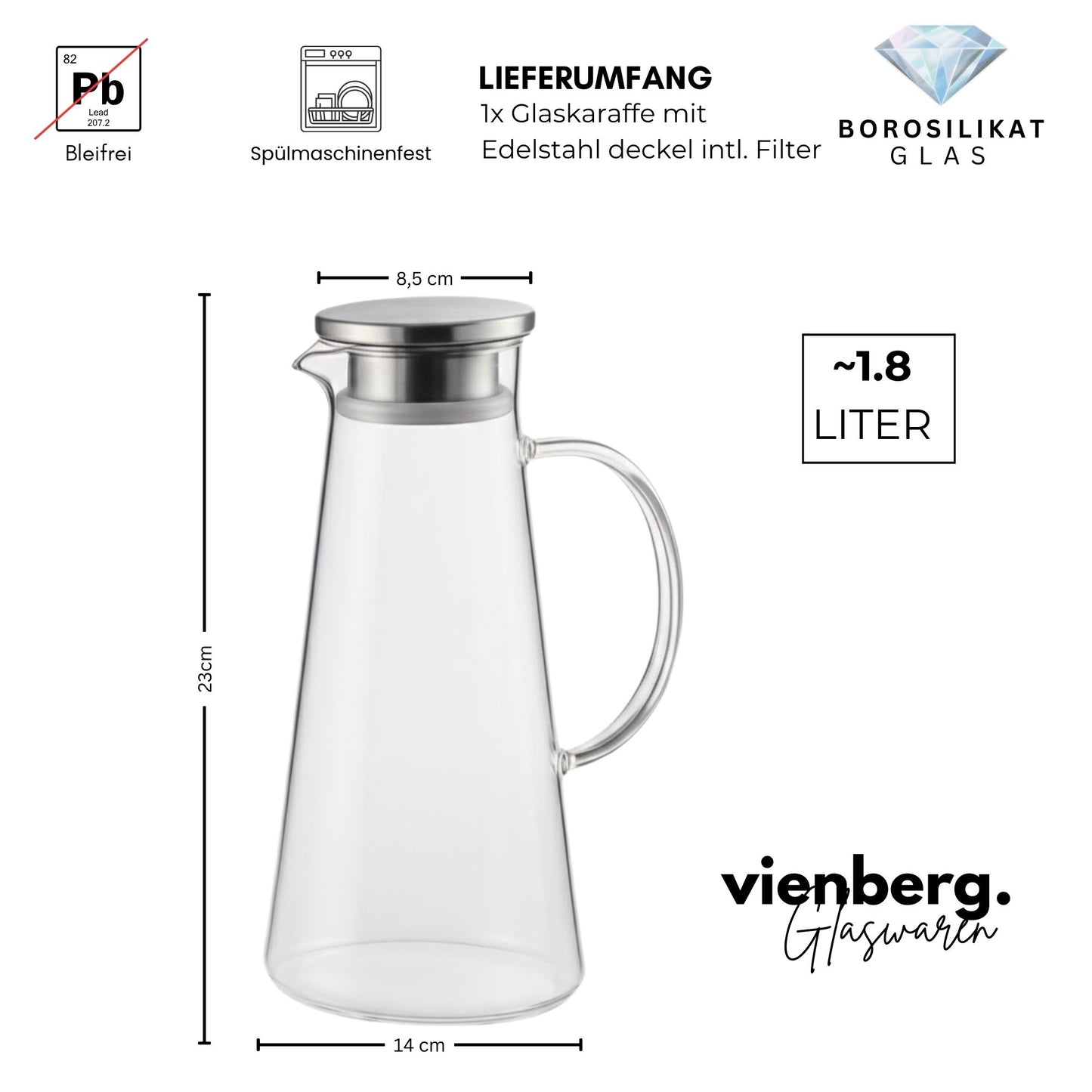 Rhein Glaskaraffe 1,8L aus Borosilikatglas mit Edelstahl-Deckel & Filter – Wasserkaraffe, Wasserkrug, Weinkaraffe, Hitzebeständig