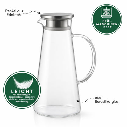 Rhein Glaskaraffe 1,8L aus Borosilikatglas mit Edelstahl-Deckel & Filter – Wasserkaraffe, Wasserkrug, Weinkaraffe, Hitzebeständig