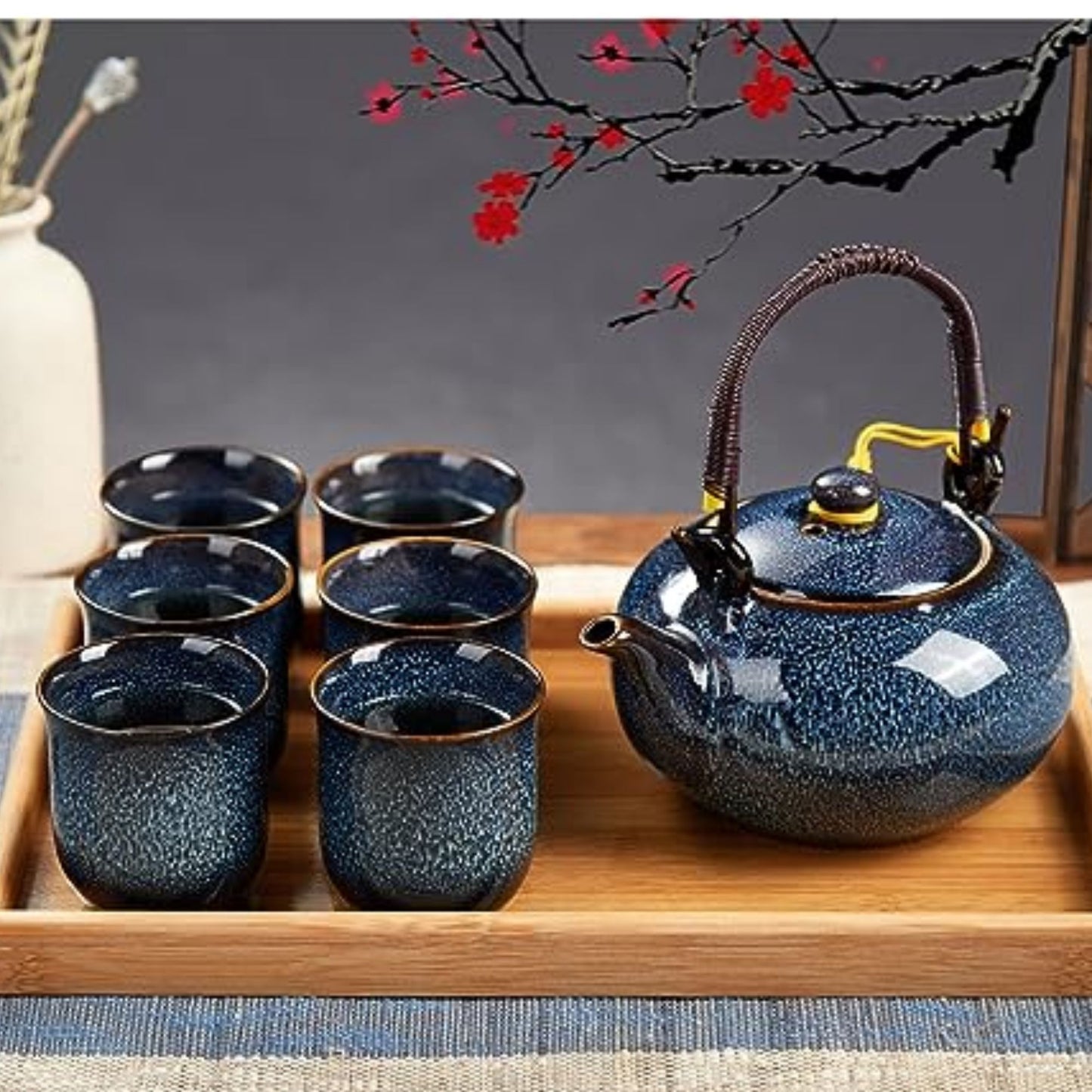 Japanisches Teeset aus Keramik – 7-teiliges Set mit Teekanne, 6 Tassen und Bambus-Tablett, Blau