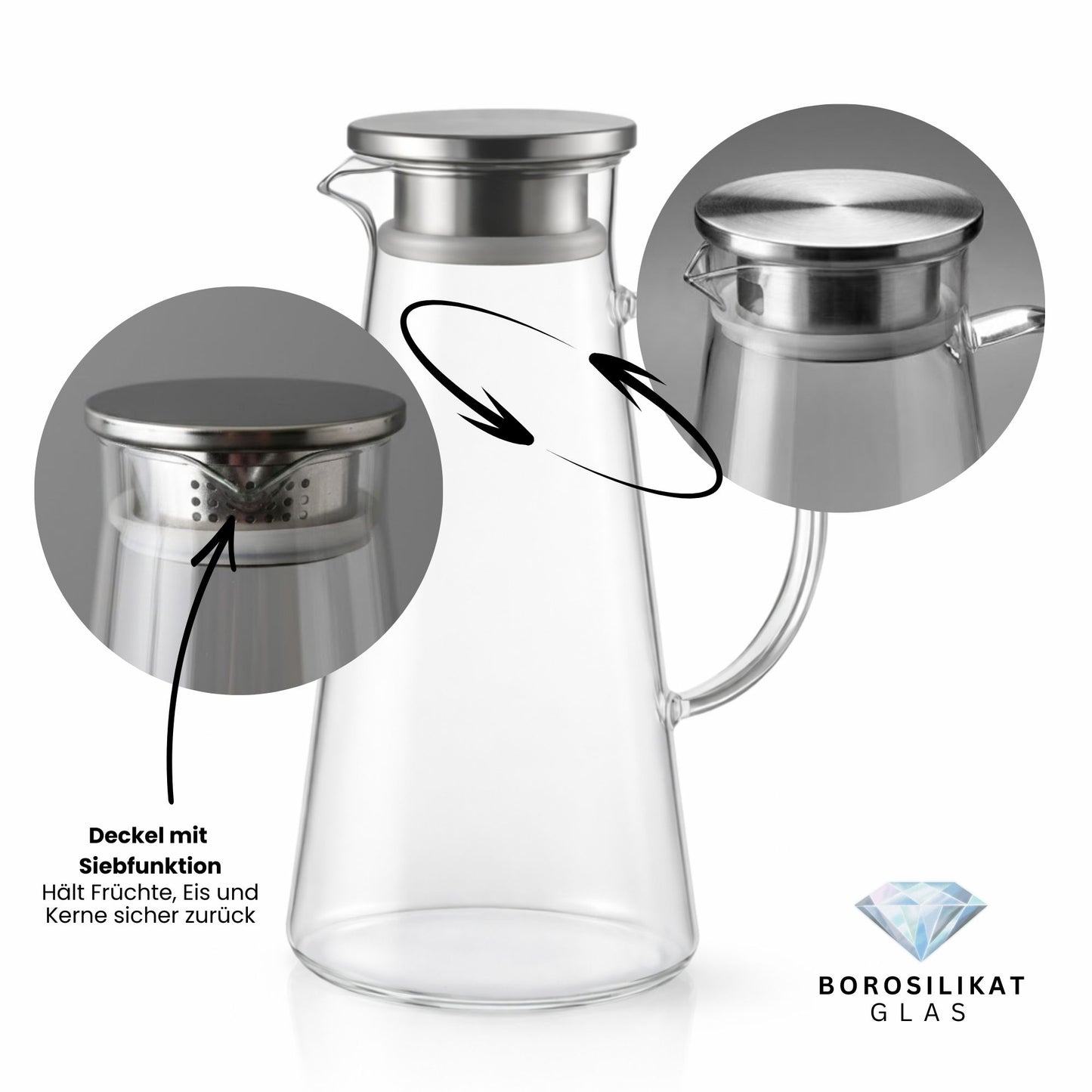 Rhein Glaskaraffe 1,8L aus Borosilikatglas mit Edelstahl-Deckel & Filter – Wasserkaraffe, Wasserkrug, Weinkaraffe, Hitzebeständig