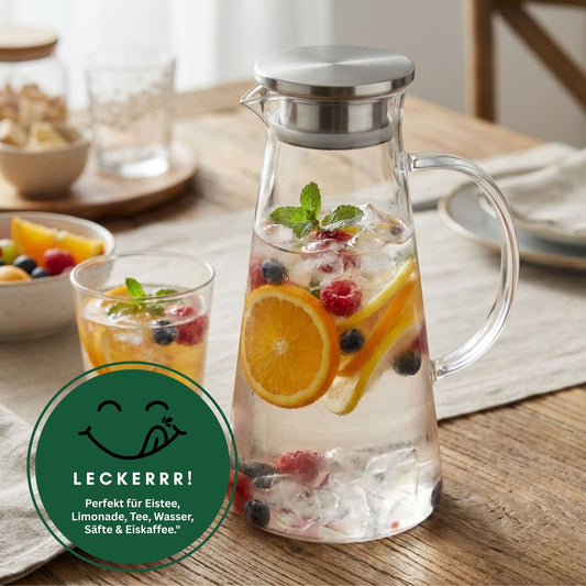 Rhein Glaskaraffe 1,8L aus Borosilikatglas mit Edelstahl-Deckel & Filter – Wasserkaraffe, Wasserkrug, Weinkaraffe, Hitzebeständig