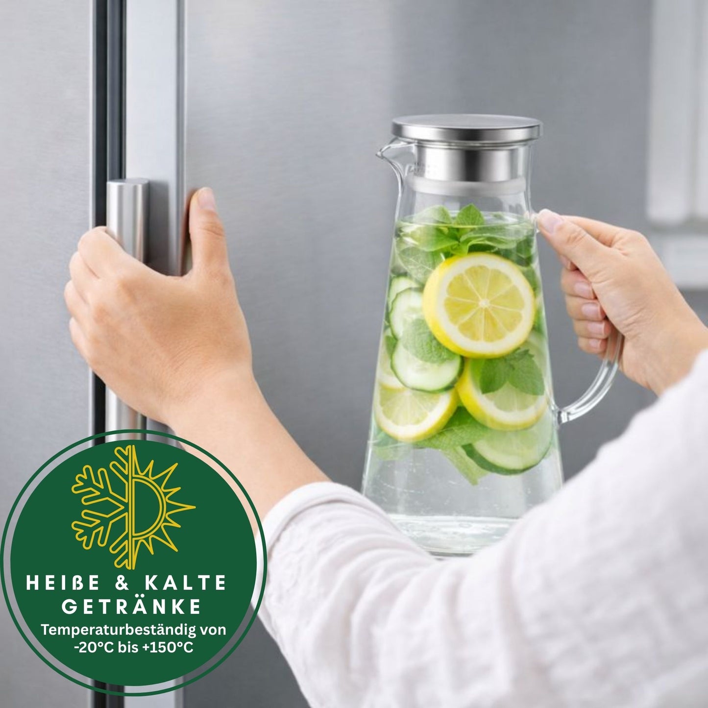 Rhein Glaskaraffe 1,8L aus Borosilikatglas mit Edelstahl-Deckel & Filter – Wasserkaraffe, Wasserkrug, Weinkaraffe, Hitzebeständig