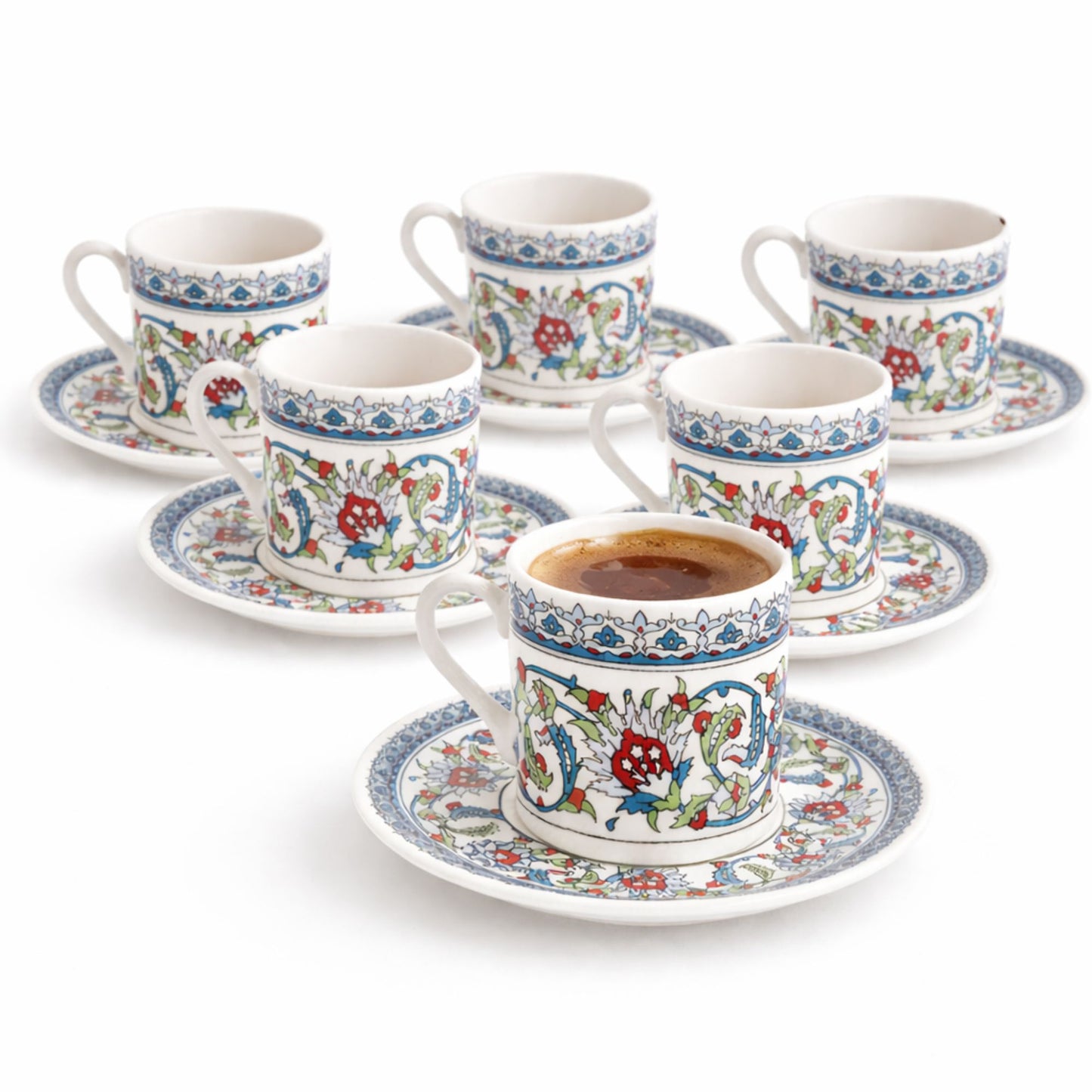 12-teilig für 6 Personen (80ml) - Espressotassen Set & Mokkatassen - Orient Iznik Design Floral - Porzellan Set für Türkischer Kaffee, Mokka & Espresso