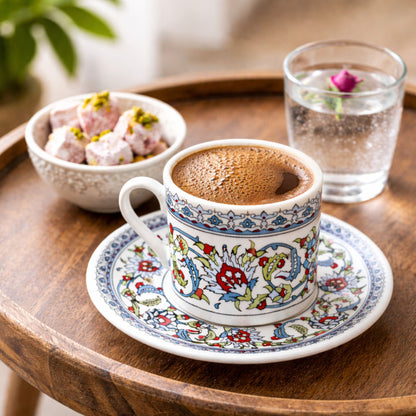 12-teilig für 6 Personen (80ml) - Espressotassen Set & Mokkatassen - Orient Iznik Design Floral - Porzellan Set für Türkischer Kaffee, Mokka & Espresso