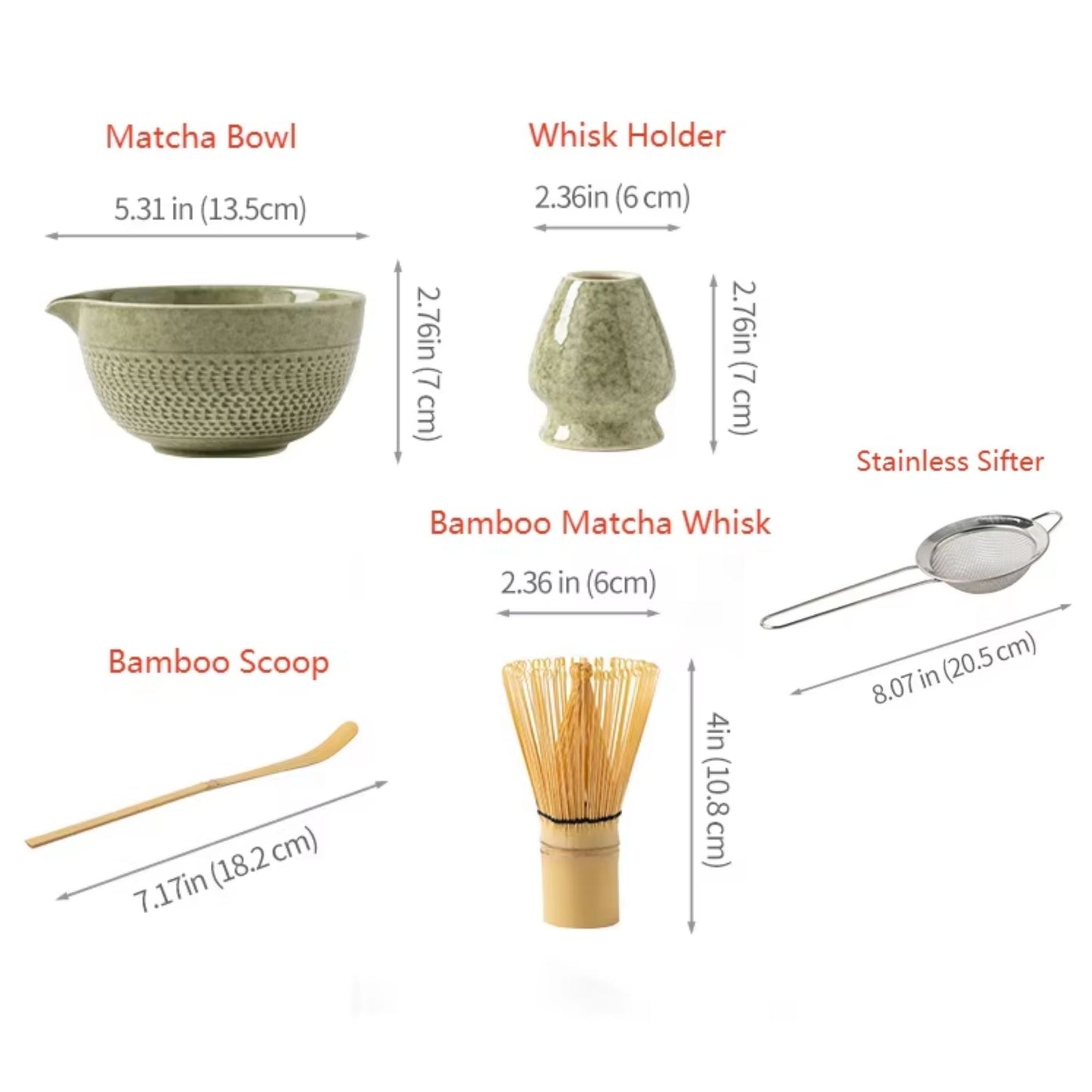 Japanisches Keramik Matcha-Set | 6-teiliges Matcha Starter Kit | Schale + Bambusbesen (Chasen) + Halter + Bambuslöffel (Chashaku) + Sieb