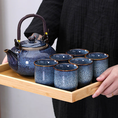 Japanisches Teeset aus Keramik – 7-teiliges Set mit Teekanne, 6 Tassen und Bambus-Tablett, Blau