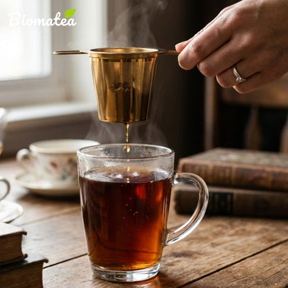 Edelstahl Teesieb Gold mit Deckel & Tee-Löffel | Feinmaschiger Dauerfilter für Tassen