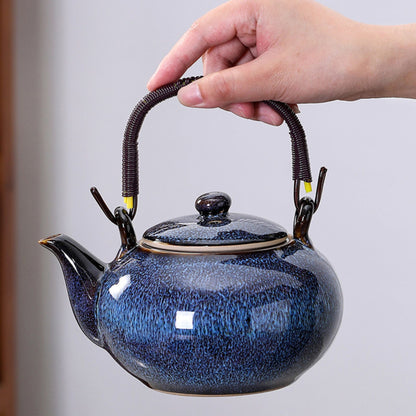 Japanisches Teeset aus Keramik – 7-teiliges Set mit Teekanne, 6 Tassen und Bambus-Tablett, Blau