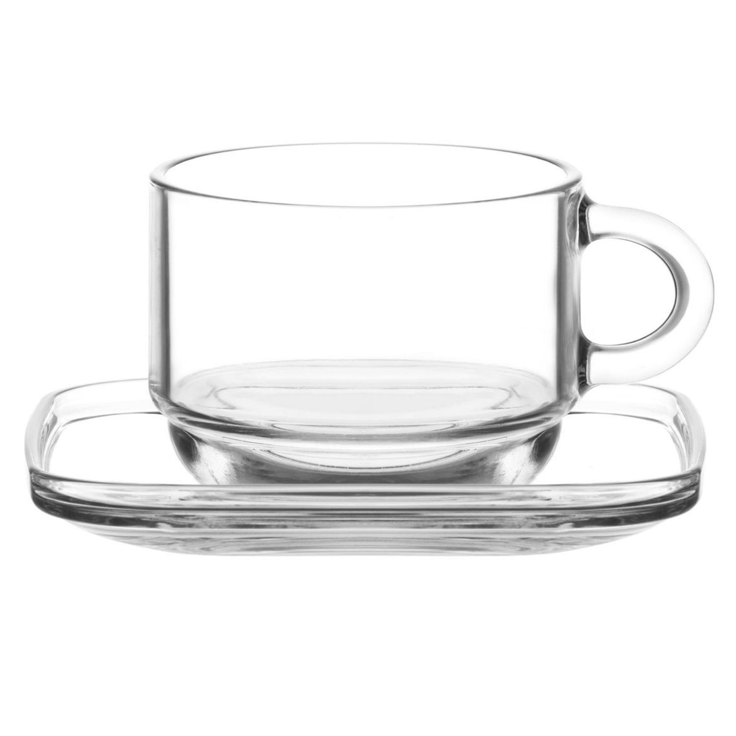Cozy Glas Tassen Set 12-teilig – 6 Glas-Tassen mit Henkel (270 ml) + 6 Glas-Untertassen – Stapelbar