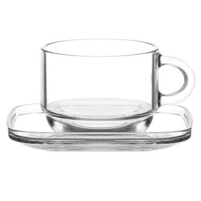 Cozy Glas Tassen Set 12-teilig – 6 Glas-Tassen mit Henkel (270 ml) + 6 Glas-Untertassen – Stapelbar