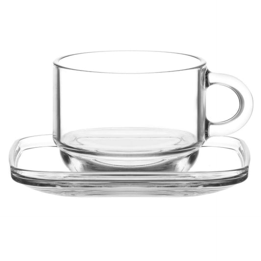 Cozy Glas Tassen Set 12-teilig – 6 Glas-Tassen mit Henkel (270 ml) + 6 Glas-Untertassen – Stapelbar