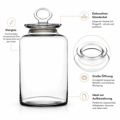Vorratsglas mit Glasdeckel und Silikonring, 2,64 Liter, 27 cm, großes Aufbewahrungsglas für Pasta, Kaffee, Müsli und Lebensmittel