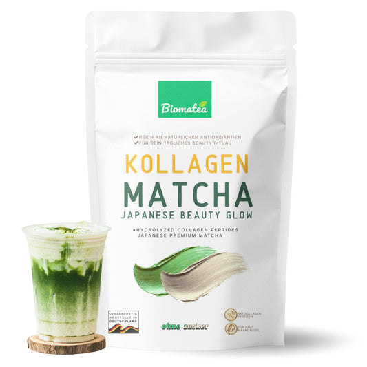 Biomatea Ceremonial Matcha Collagen Latte Pulver 150g 33% Japanischer Matcha und 58% Kollagen Hydrolysat Klumpfrei und leicht löslich, ohne Zuckerzusatz
