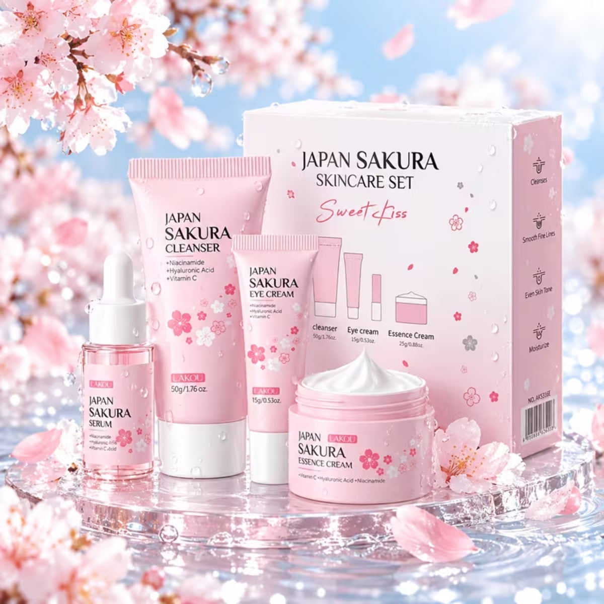 Sakura Gesichtspflege-Geschenkset, 4-teilig – Reinigung, Serum, Augencreme & Gesichtscreme