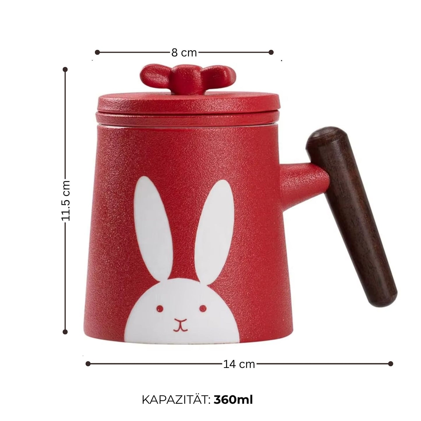Keramik Teetasse mit Holzgriff | 360 ml Hasen-Design Becher | mit Keramik Teesieb & Deckel