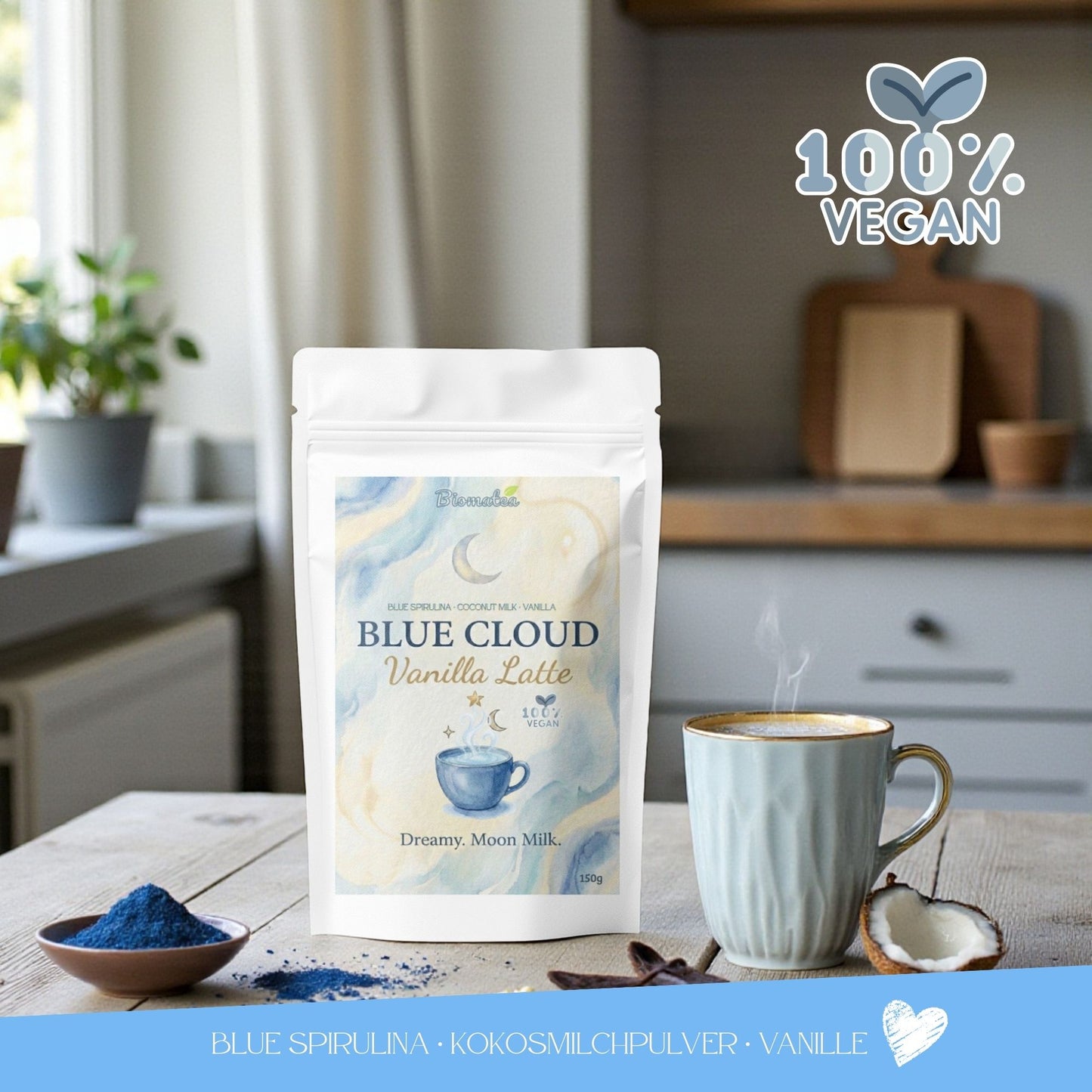 Blue Cloud Latte Pulver – Magischer Spirulina-Kokos Mix mit echter Vanille (150g)
