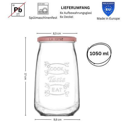 Tasty Design Vorratsgläser "Cook Taste Eat" (6er Set, 1050ml) – Eckige Einmachgläser mit Rosé-Deckel