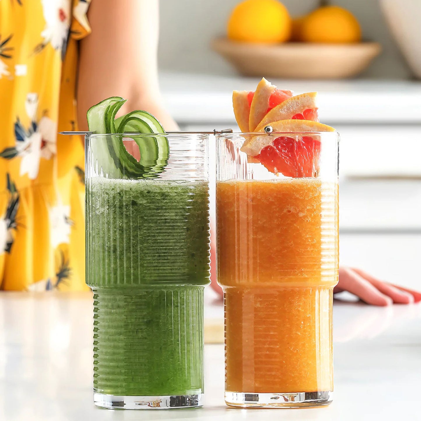 Vienberg Geometri Trinkgläser 515 ml, geriffelte Matcha Gläser für Eiskaffee, Cocktails, Säfte und Wasser, stapelbar, 3er oder 6er Set