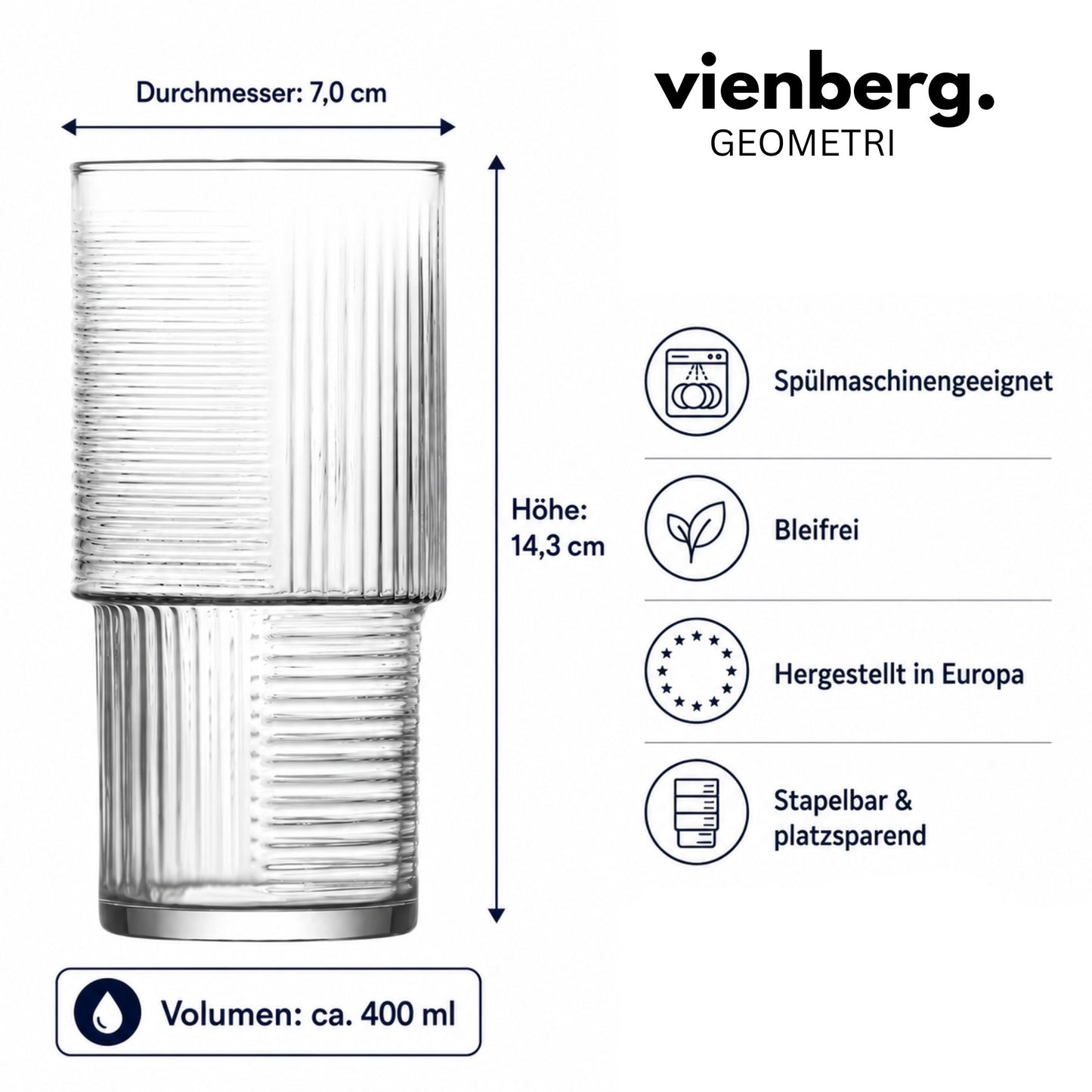 Vienberg Geometri Trinkgläser 400 ml, geriffelte Matcha Gläser für Eiskaffee, Cocktails, Säfte und Wasser, stapelbar, 3er oder 6er Set