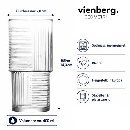 Vienberg Geometri Trinkgläser 400 ml, geriffelte Matcha Gläser für Eiskaffee, Cocktails, Säfte und Wasser, stapelbar, 3er oder 6er Set