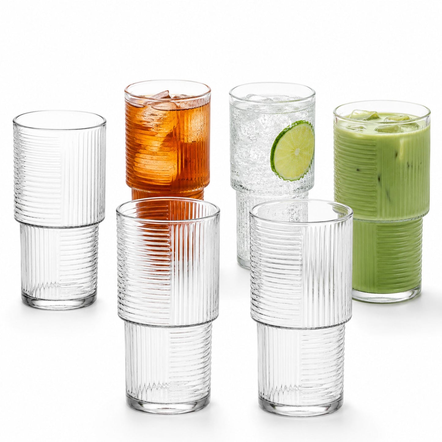 Vienberg Geometri Trinkgläser 400 ml, geriffelte Matcha Gläser für Eiskaffee, Cocktails, Säfte und Wasser, stapelbar, 3er oder 6er Set