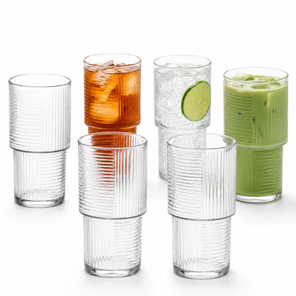Vienberg Geometri Trinkgläser 400 ml, geriffelte Matcha Gläser für Eiskaffee, Cocktails, Säfte und Wasser, stapelbar, 3er oder 6er Set