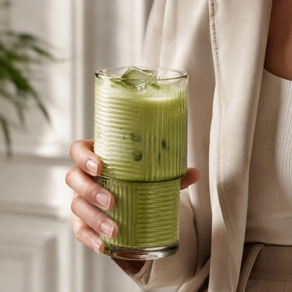 Vienberg Geometri Trinkgläser 515 ml, geriffelte Matcha Gläser für Eiskaffee, Cocktails, Säfte und Wasser, stapelbar, 3er oder 6er Set