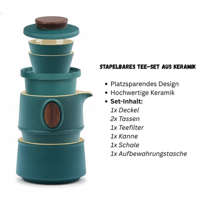 Chinesisches Kung Fu Tee-Set – Stapelbares Reise-Teeset aus Porzellan mit 2 Tassen, Kanne, Filter & Tasche