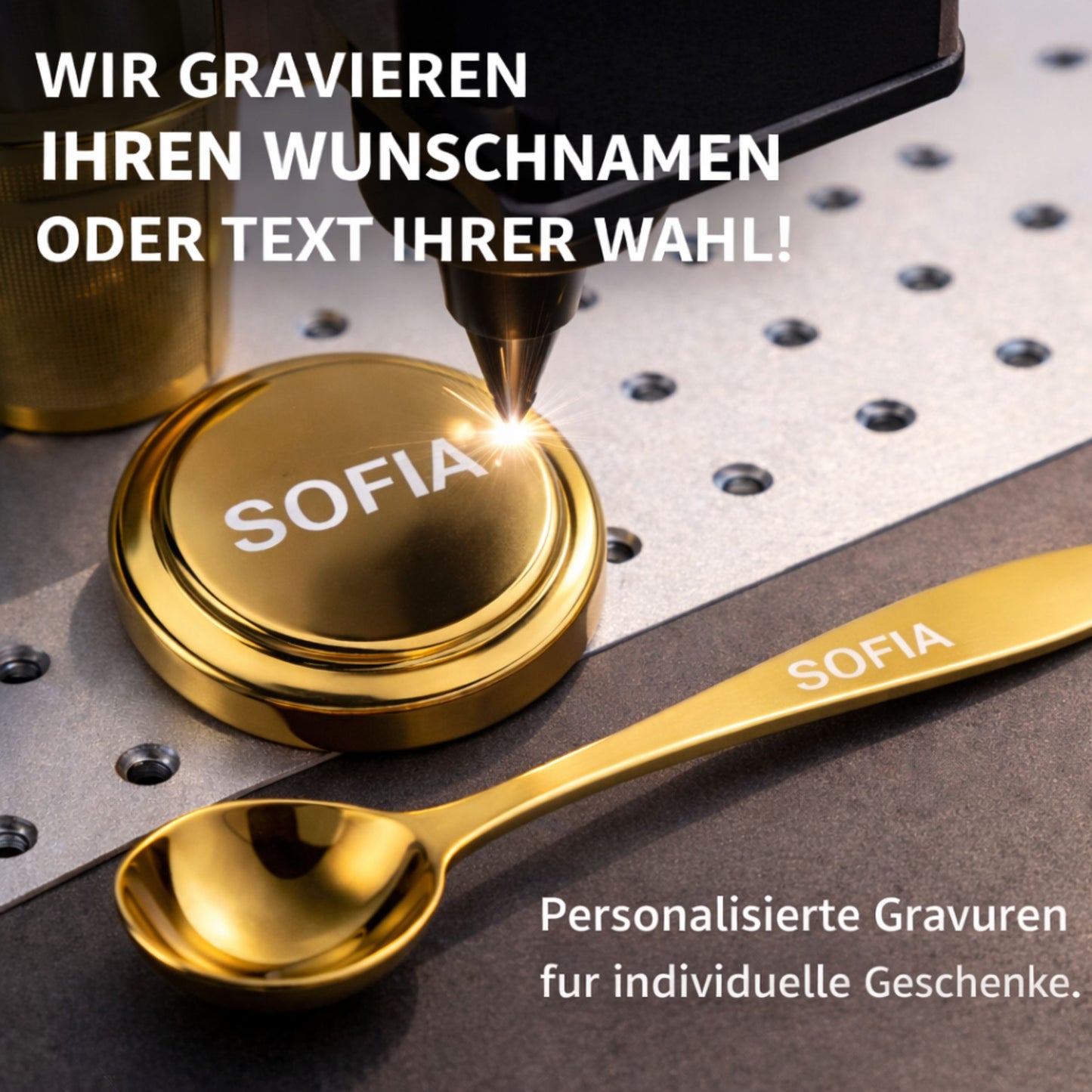 Personalisiertes Tee Geschenkset Gold mit Gravur | Edelstahl Teesieb mit Deckel & Löffel | Teeglas mit Unterteller | Edle Geschenkbox aus Metall | Individuelle Lasergravur