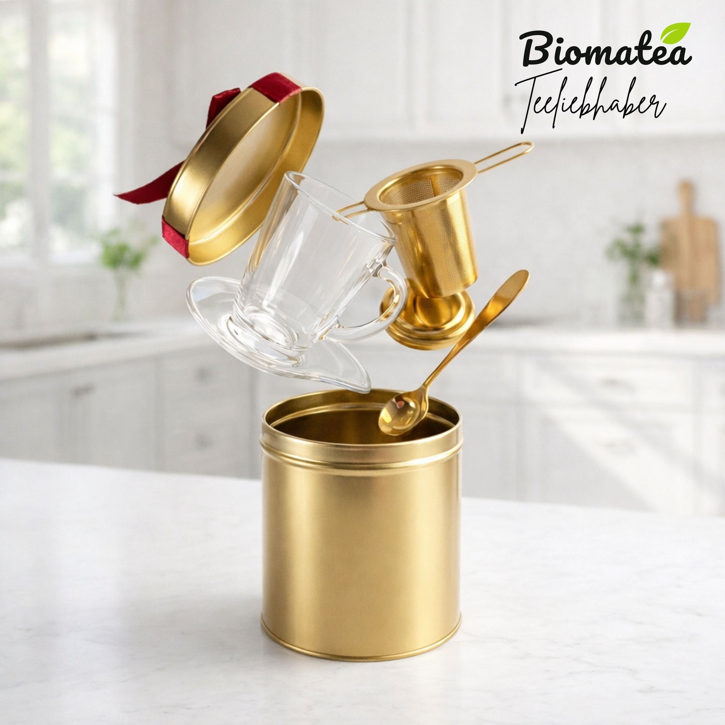 Personalisiertes Tee Geschenkset Gold mit Gravur | Edelstahl Teesieb mit Deckel & Löffel | Teeglas mit Unterteller | Edle Geschenkbox aus Metall | Individuelle Lasergravur