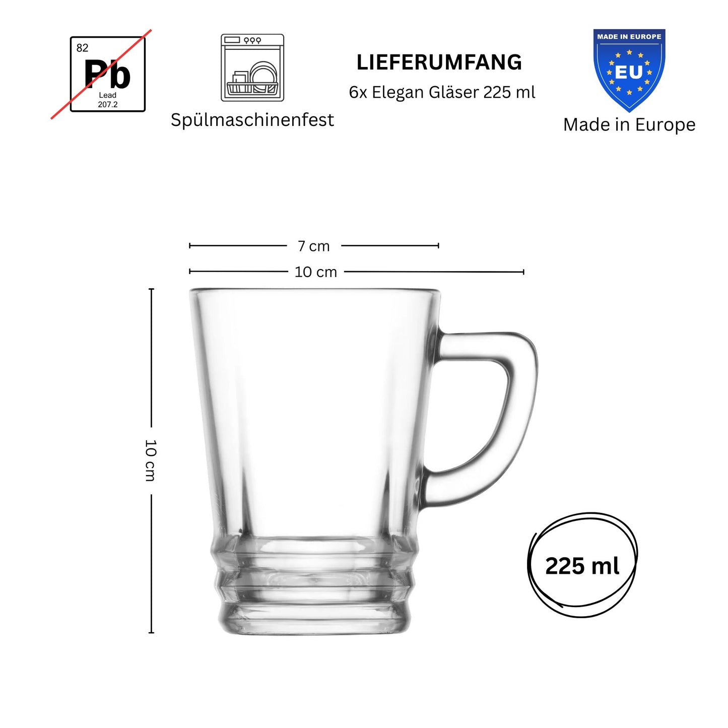 Elegan 6er pack Teegläser mit Henkel, 225 ml