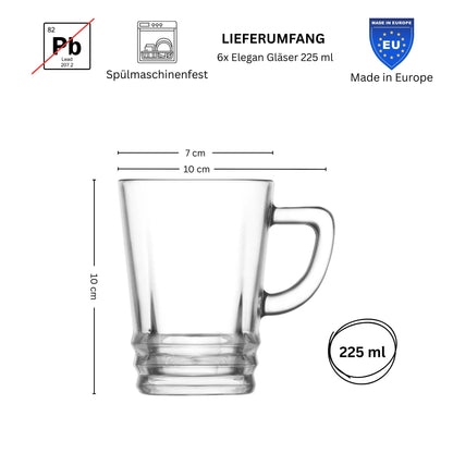 Elegan 6er pack Teegläser mit Henkel, 225 ml
