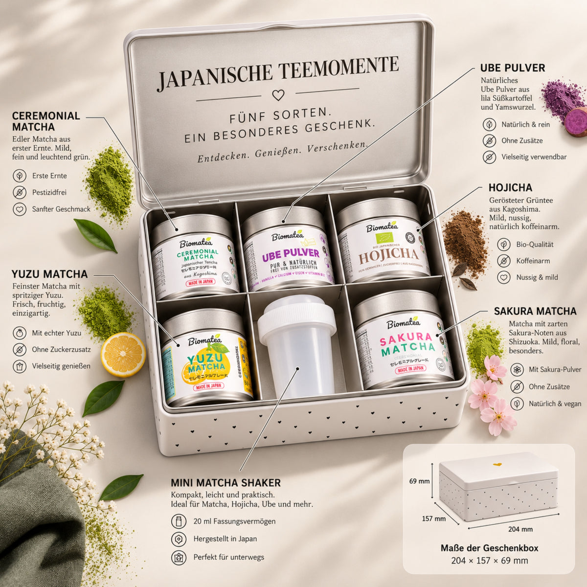 6tlg. Premium Geschenkset – 5 Sorten - Bio Hojicha, Ceremonial Sakura, Yuzu, Matcha, Ube , Ideal für Teeliebhaber