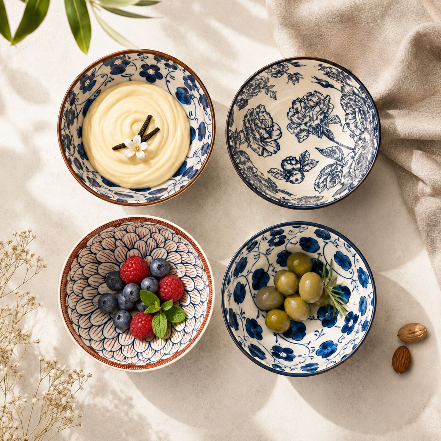 Japanische Schalen 4er Set mit Geschenkbox | Keramik Snackschalen, Reisschale, Ramen Schale