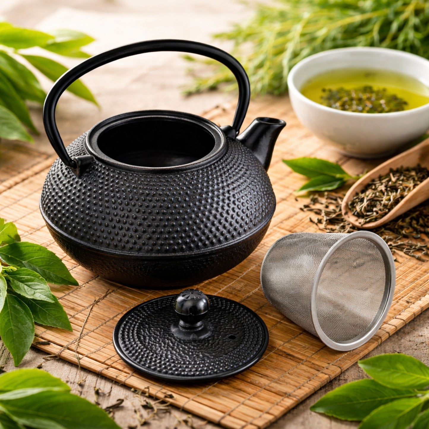 Gusseisen japanische Teekanne mit Edelstahl Teesieb, 800 ml, Schwarz