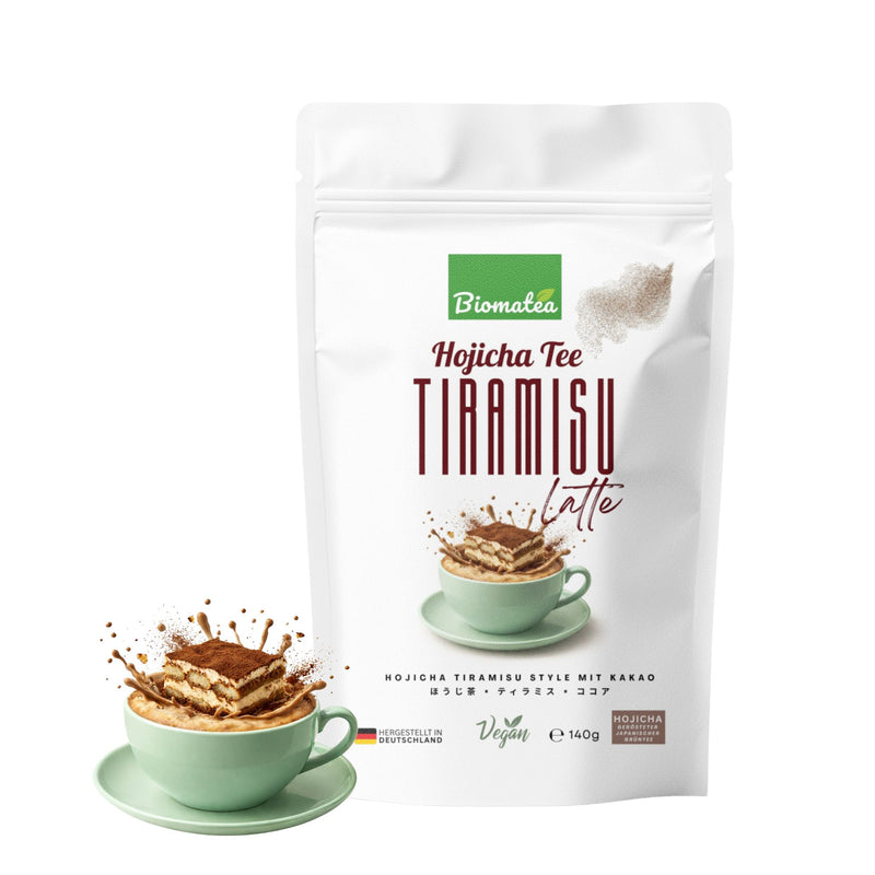 Japanischer Hojicha Tiramisu Latte Pulver – Cremiger Dessert Latte ohne Kaffee 140 g