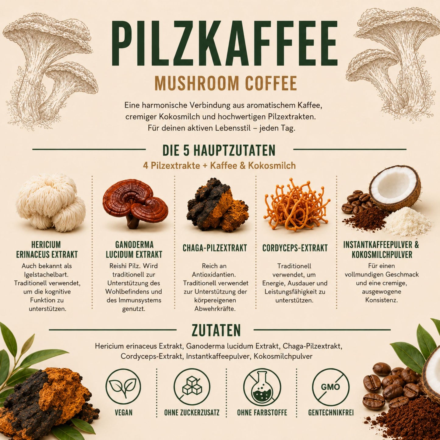 Biomatea Pilzkaffee Mushroom Coffee 150g | Löslicher Kaffee mit Kokosmilch & 4 Pilzextrakten