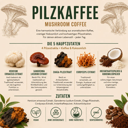 Biomatea Pilzkaffee Mushroom Coffee 150g | Löslicher Kaffee mit Kokosmilch & 4 Pilzextrakten