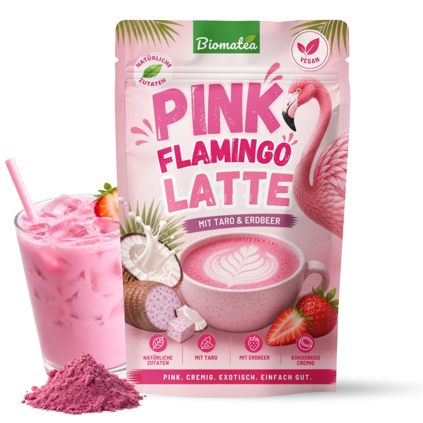 Pink Flamingo Latte Pulver, Erdbeere, Kokos & Taro Getränkepulver, 140g